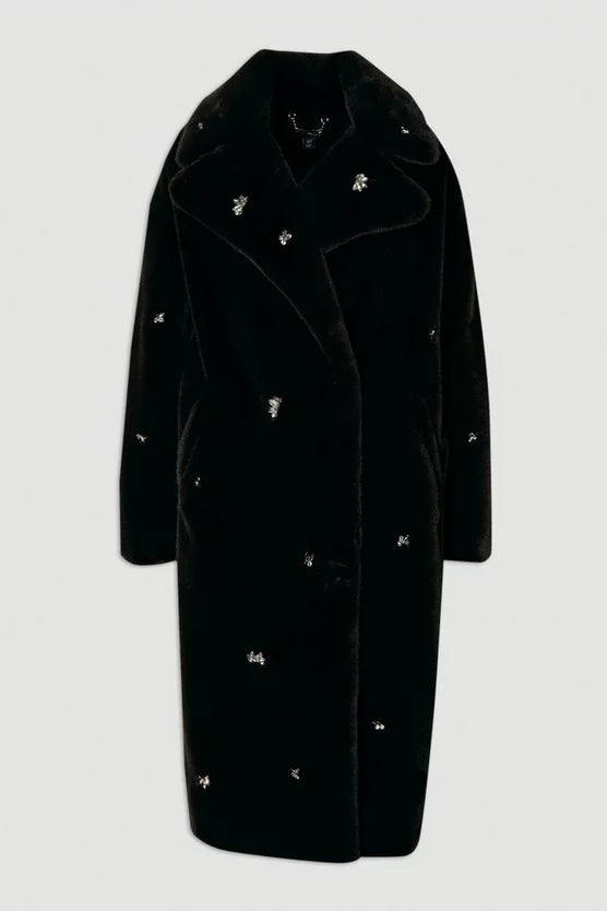Crystal Embellished Faux Fur Long Coat