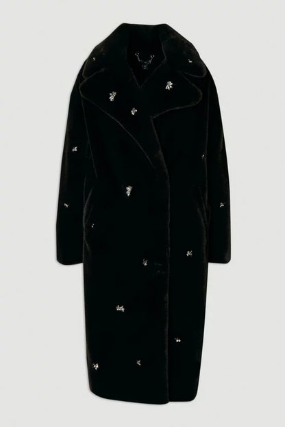 Crystal Embellished Faux Fur Long Coat