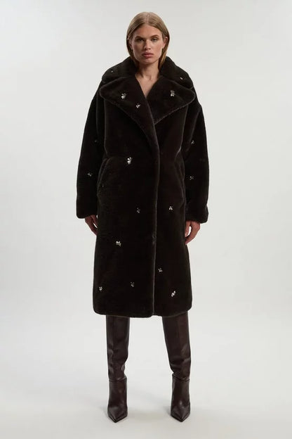 Crystal Embellished Faux Fur Long Coat