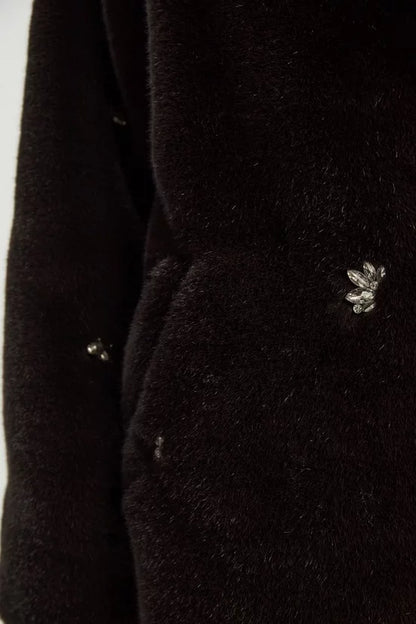 Crystal Embellished Faux Fur Long Coat
