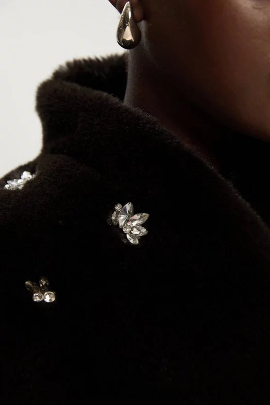 Crystal Embellished Faux Fur Short Coat