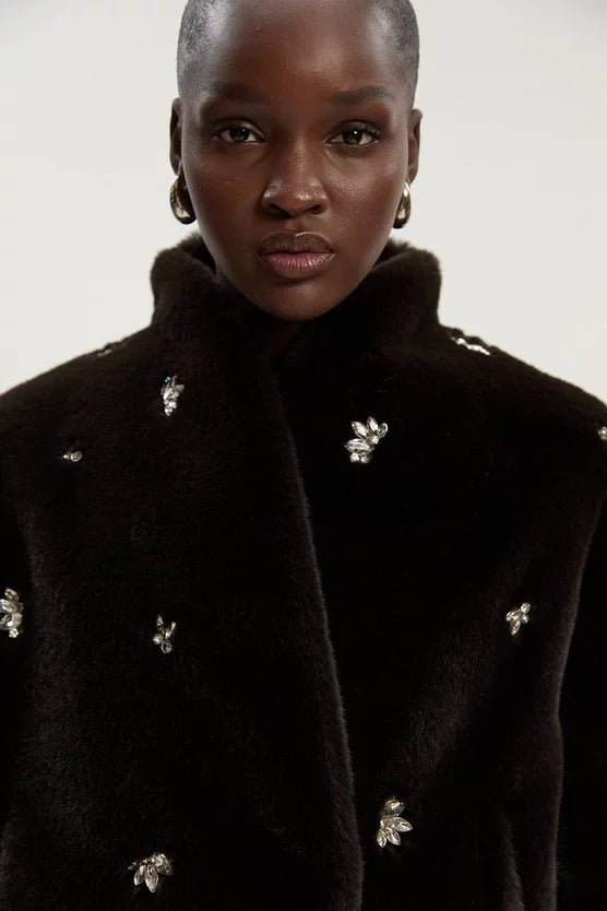 Crystal Embellished Faux Fur Short Coat