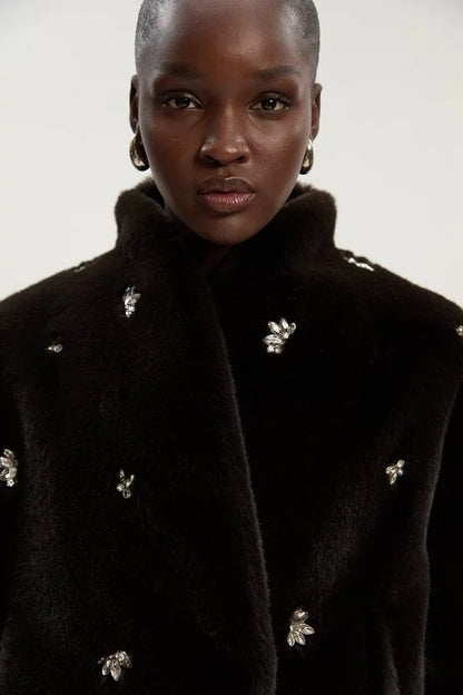 Crystal Embellished Faux Fur Short Coat