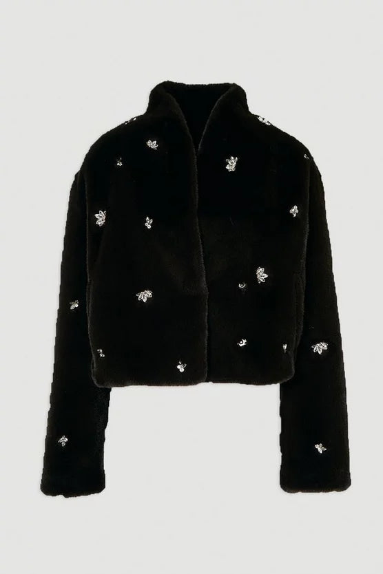 Crystal Embellished Faux Fur Short Coat
