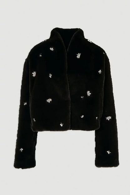 Crystal Embellished Faux Fur Short Coat
