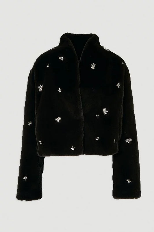 Crystal Embellished Faux Fur Short Coat