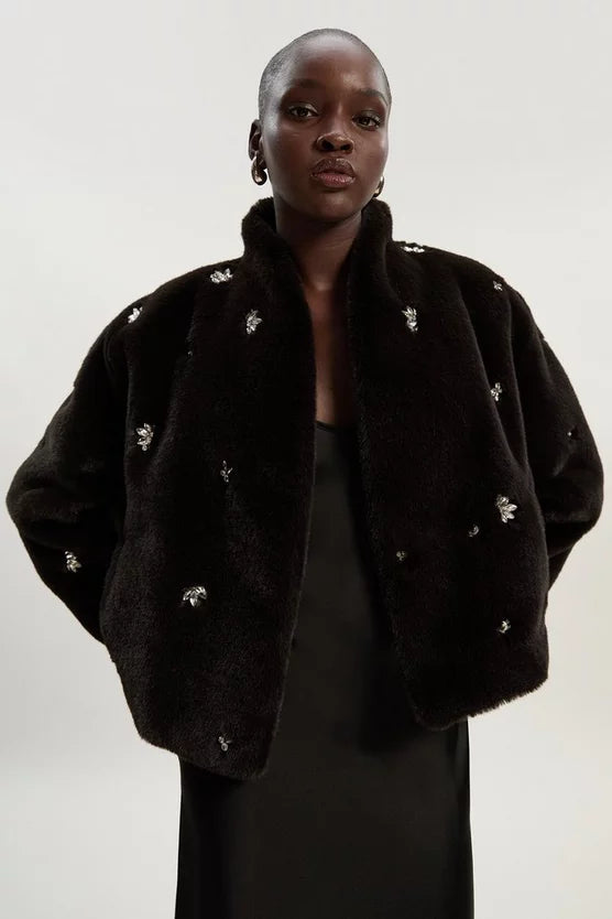 Crystal Embellished Faux Fur Short Coat