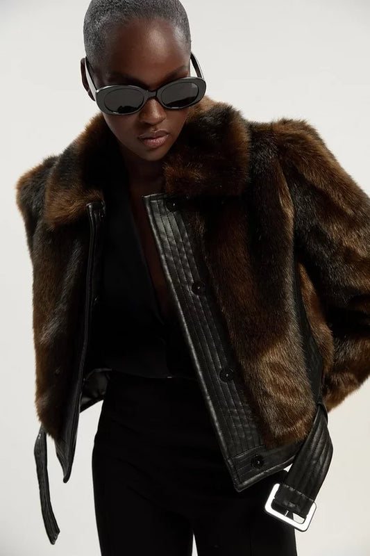 Faux Fur PU Panelled Belted Cropped Jacket