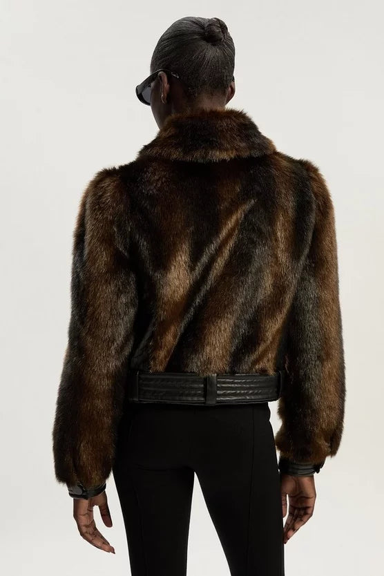 Faux Fur PU Panelled Belted Cropped Jacket