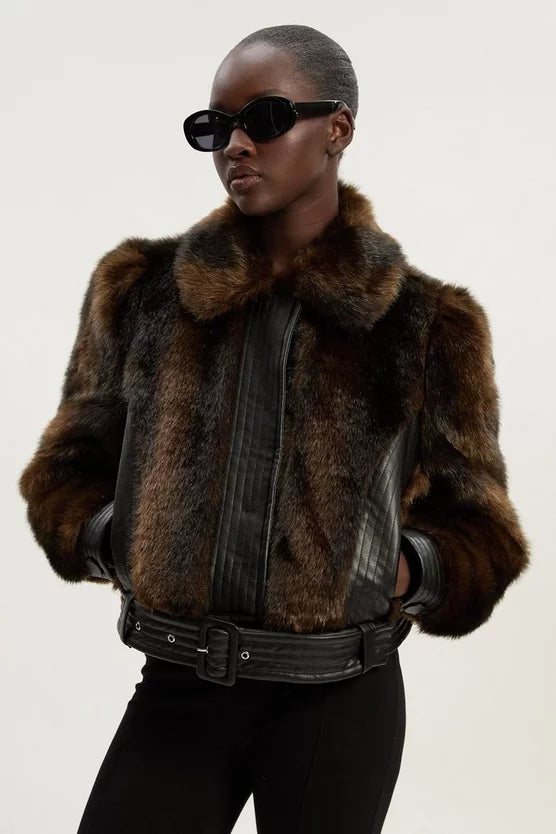 Faux Fur PU Panelled Belted Cropped Jacket