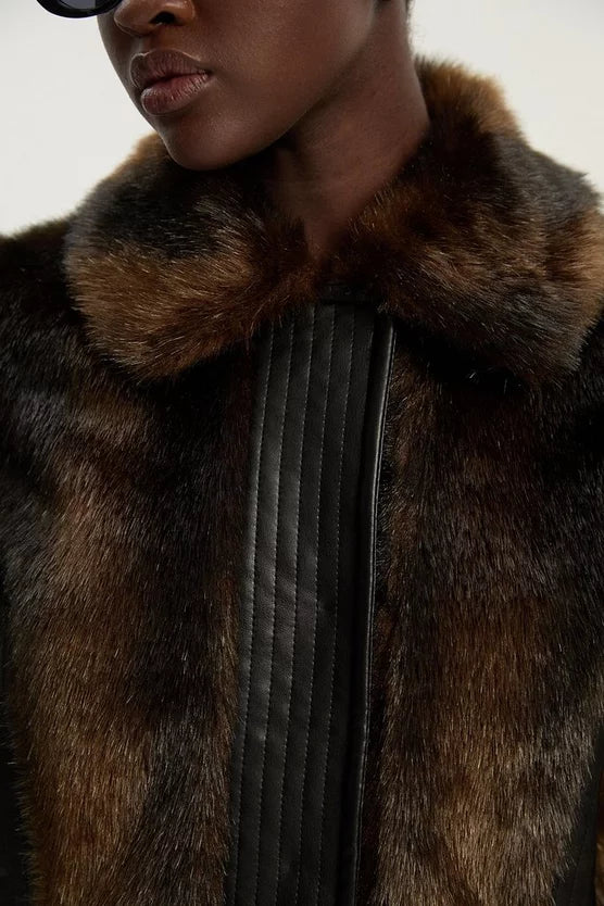 Faux Fur PU Panelled Belted Cropped Jacket