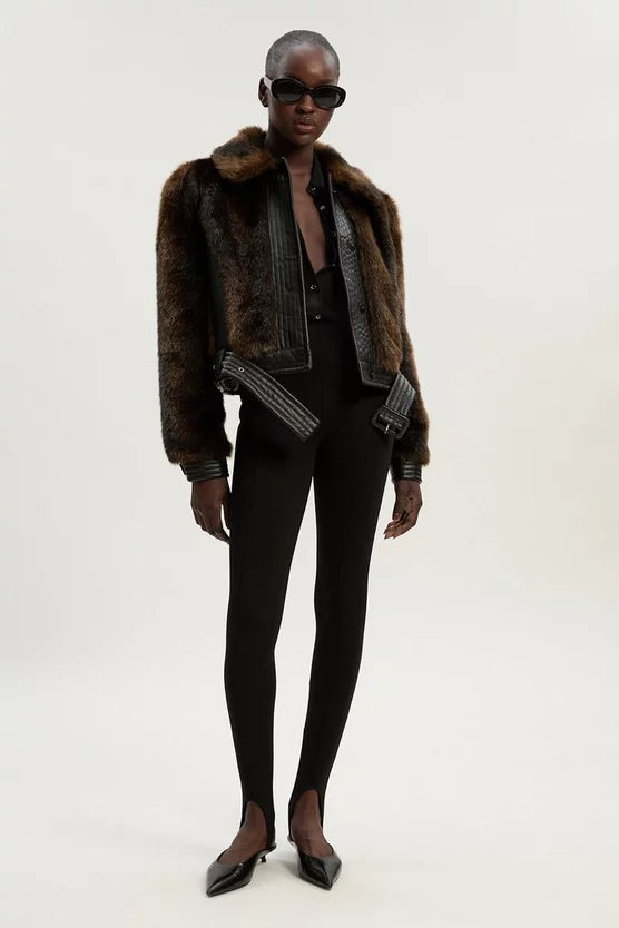 Faux Fur PU Panelled Belted Cropped Jacket