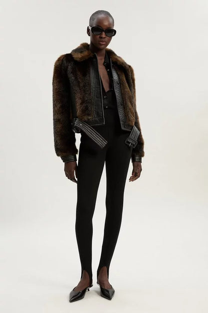 Faux Fur PU Panelled Belted Cropped Jacket