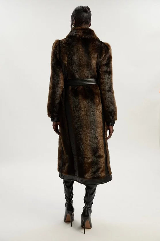 Faux Fur PU Panelled Belted Midi Coat