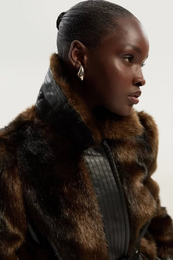 Faux Fur PU Panelled Belted Midi Coat