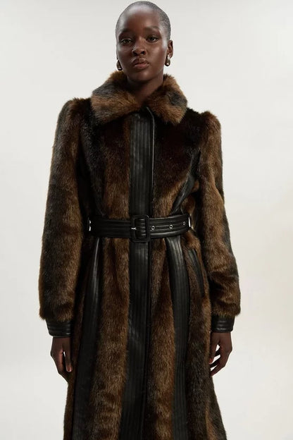 Faux Fur PU Panelled Belted Midi Coat