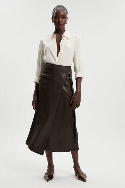 Faux Leather Tie Detail Wrap Midi Skirt