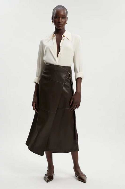 Faux Leather Tie Detail Wrap Midi Skirt