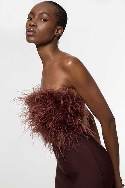 Figure Form Bandage Feather Detail Bandeau Knit Midi Dress