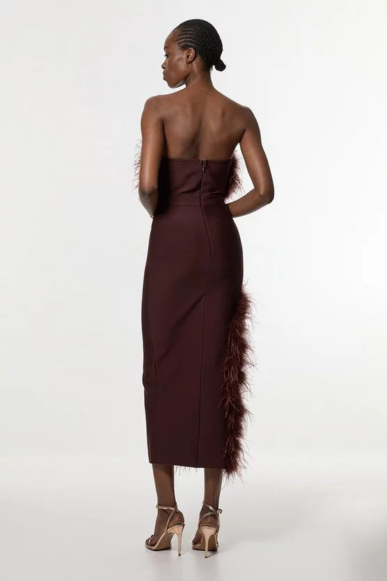 Figure Form Bandage Feather Detail Bandeau Knit Midi Dress