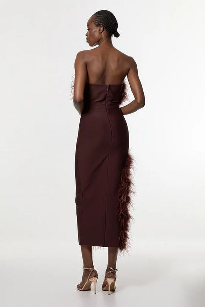 Figure Form Bandage Feather Detail Bandeau Knit Midi Dress