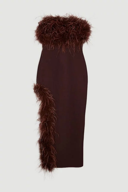 Figure Form Bandage Feather Detail Bandeau Knit Midi Dress