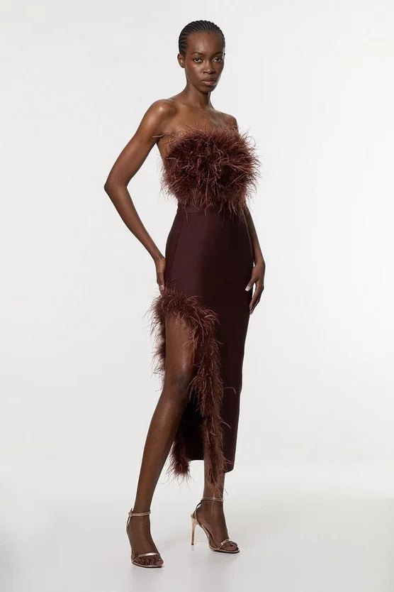 Figure Form Bandage Feather Detail Bandeau Knit Midi Dress