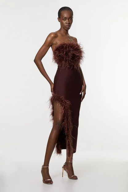 Figure Form Bandage Feather Detail Bandeau Knit Midi Dress