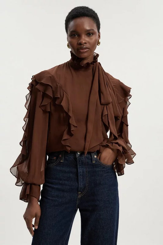 Georgette Ruffle Woven Pussy Bow Blouse