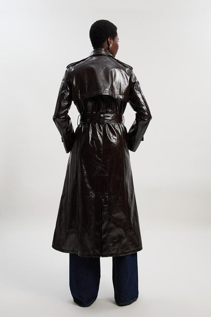 High Shine Faux Leather Trench Coat