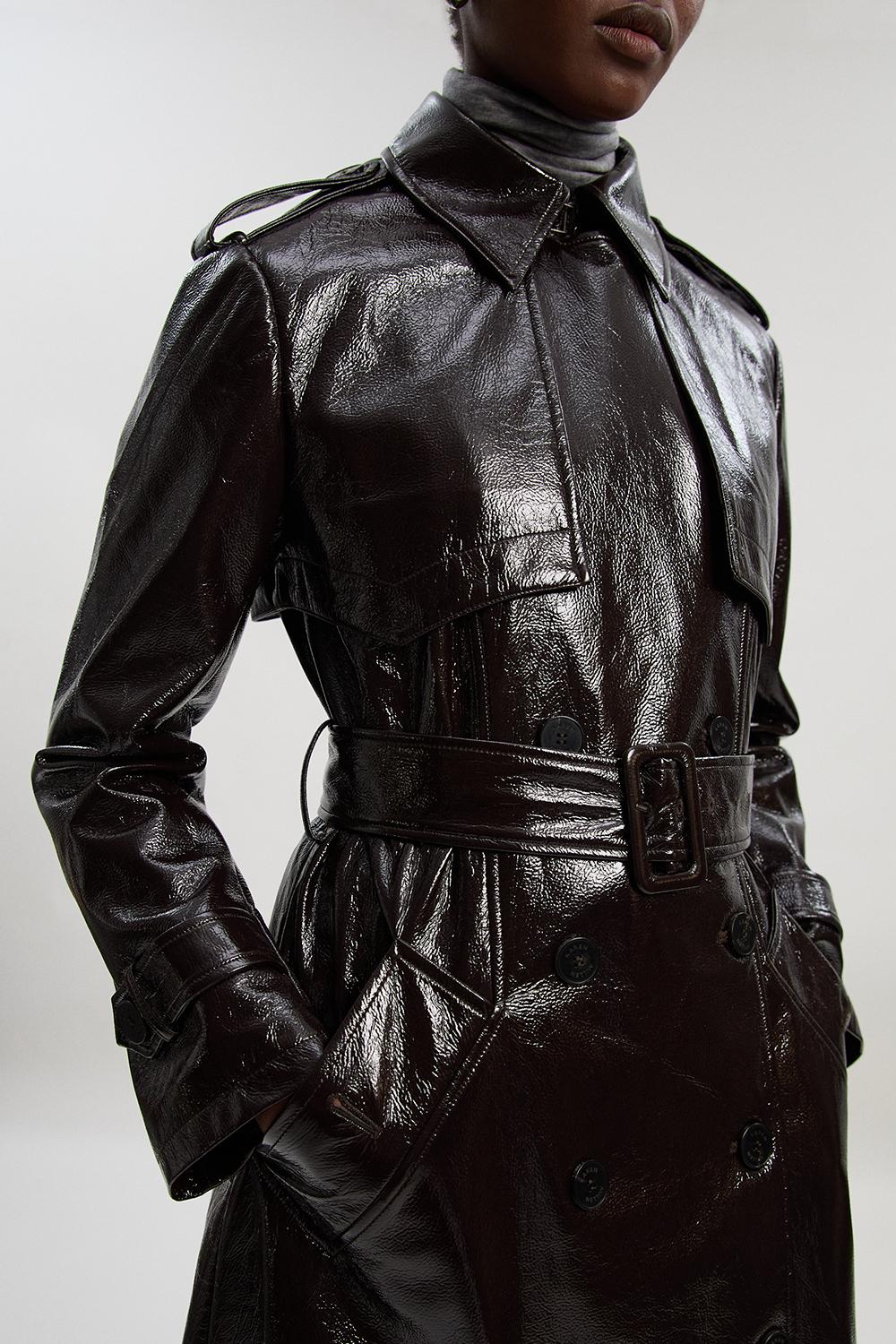 High Shine Faux Leather Trench Coat