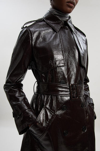 High Shine Faux Leather Trench Coat