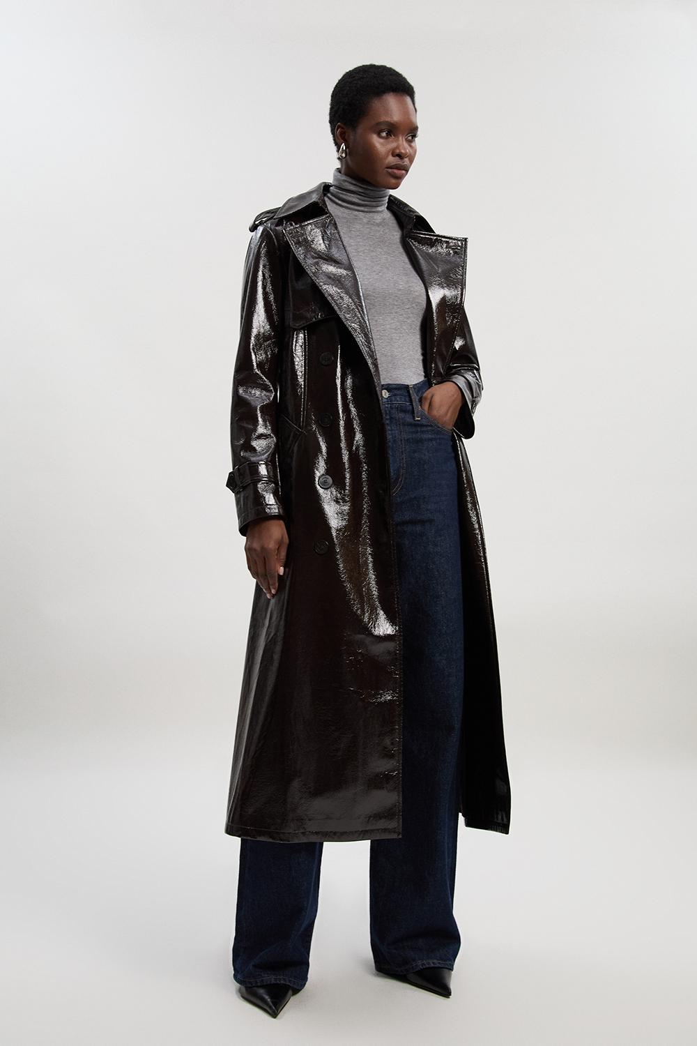 High Shine Faux Leather Trench Coat