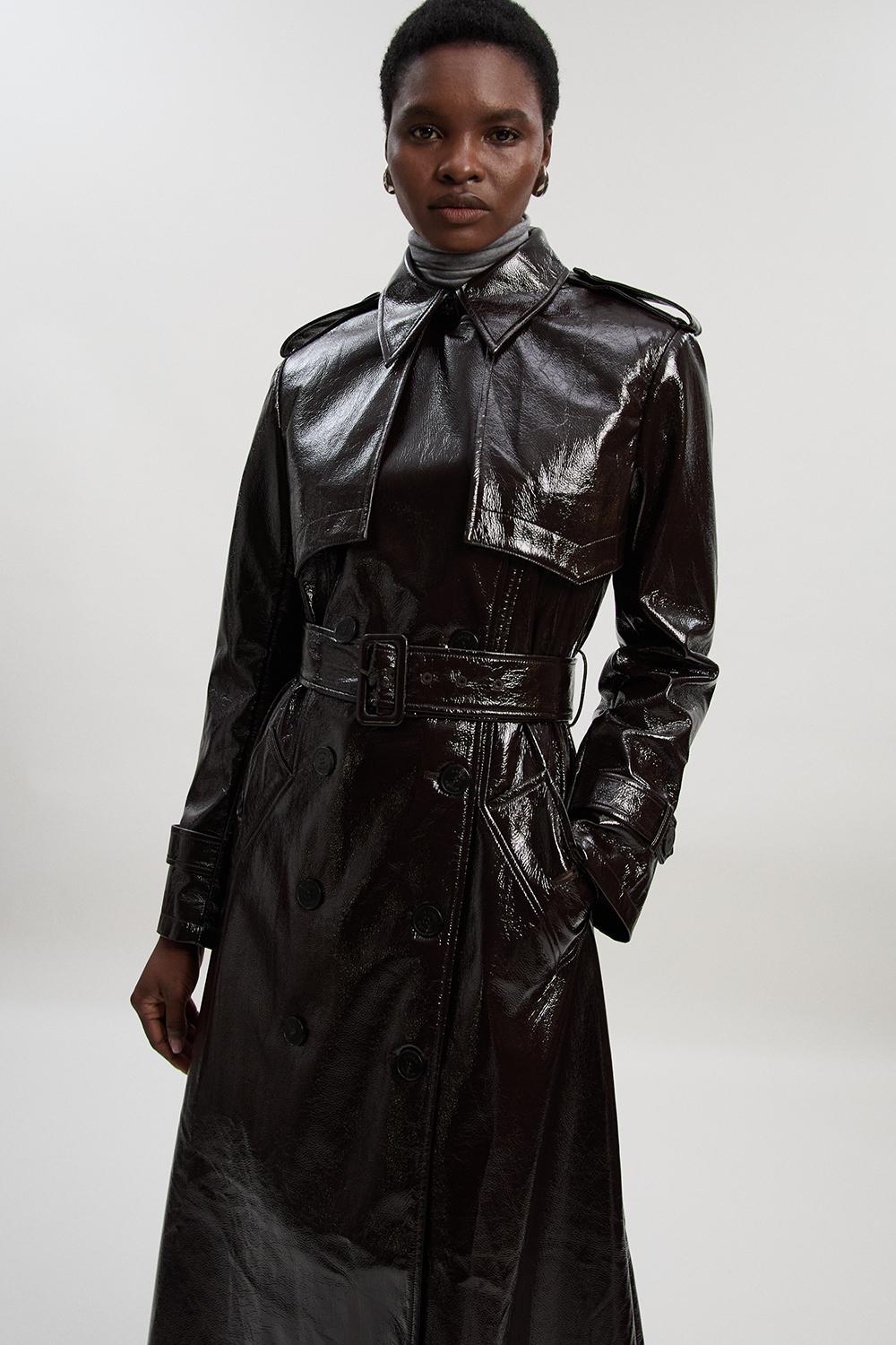 High Shine Faux Leather Trench Coat