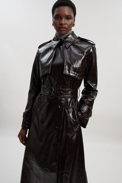 High Shine Faux Leather Trench Coat