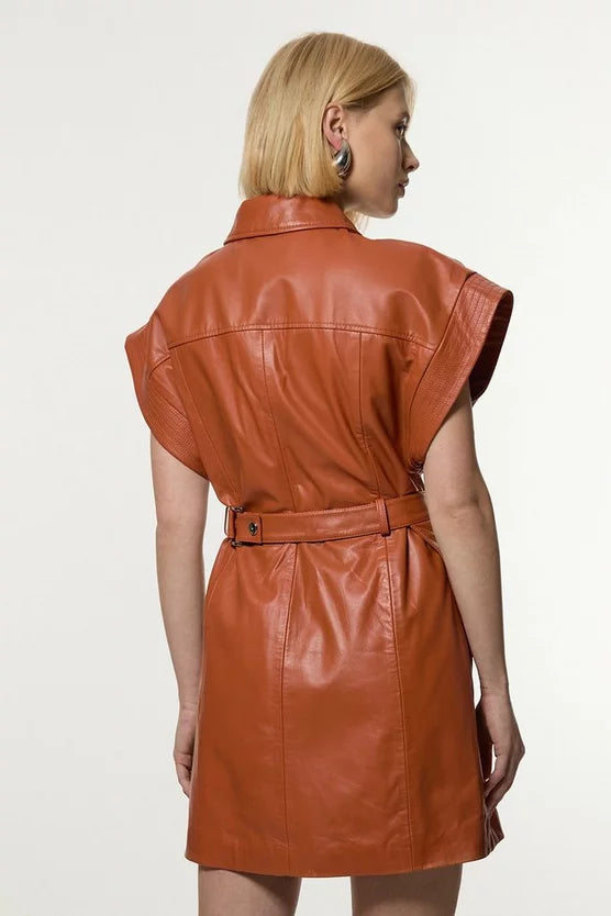 Leather Safari Mini Dress With Detachable Wrap Belt Detail