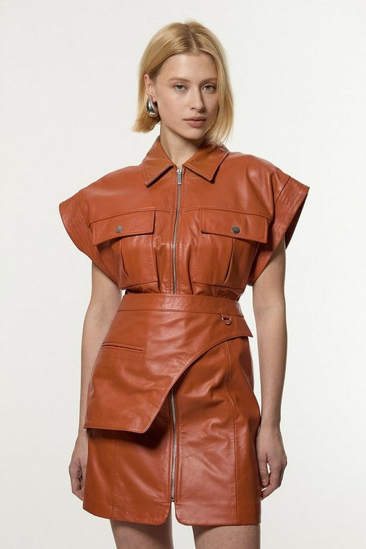 Leather Safari Mini Dress With Detachable Wrap Belt Detail