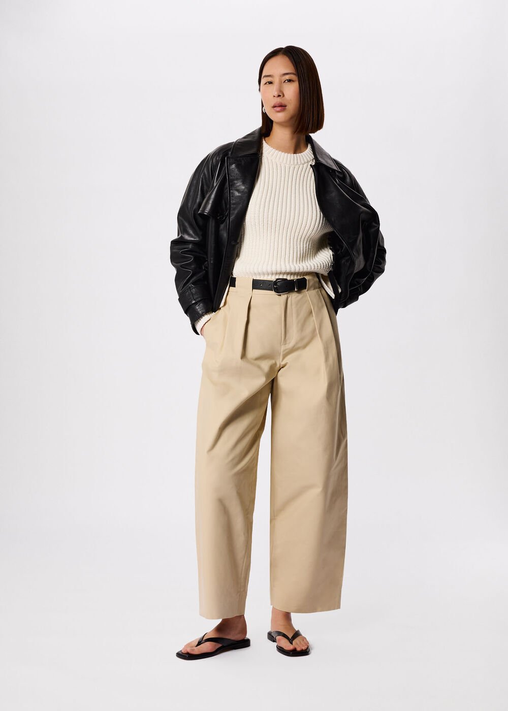 Neutral Cotton Barrel Leg Trousers