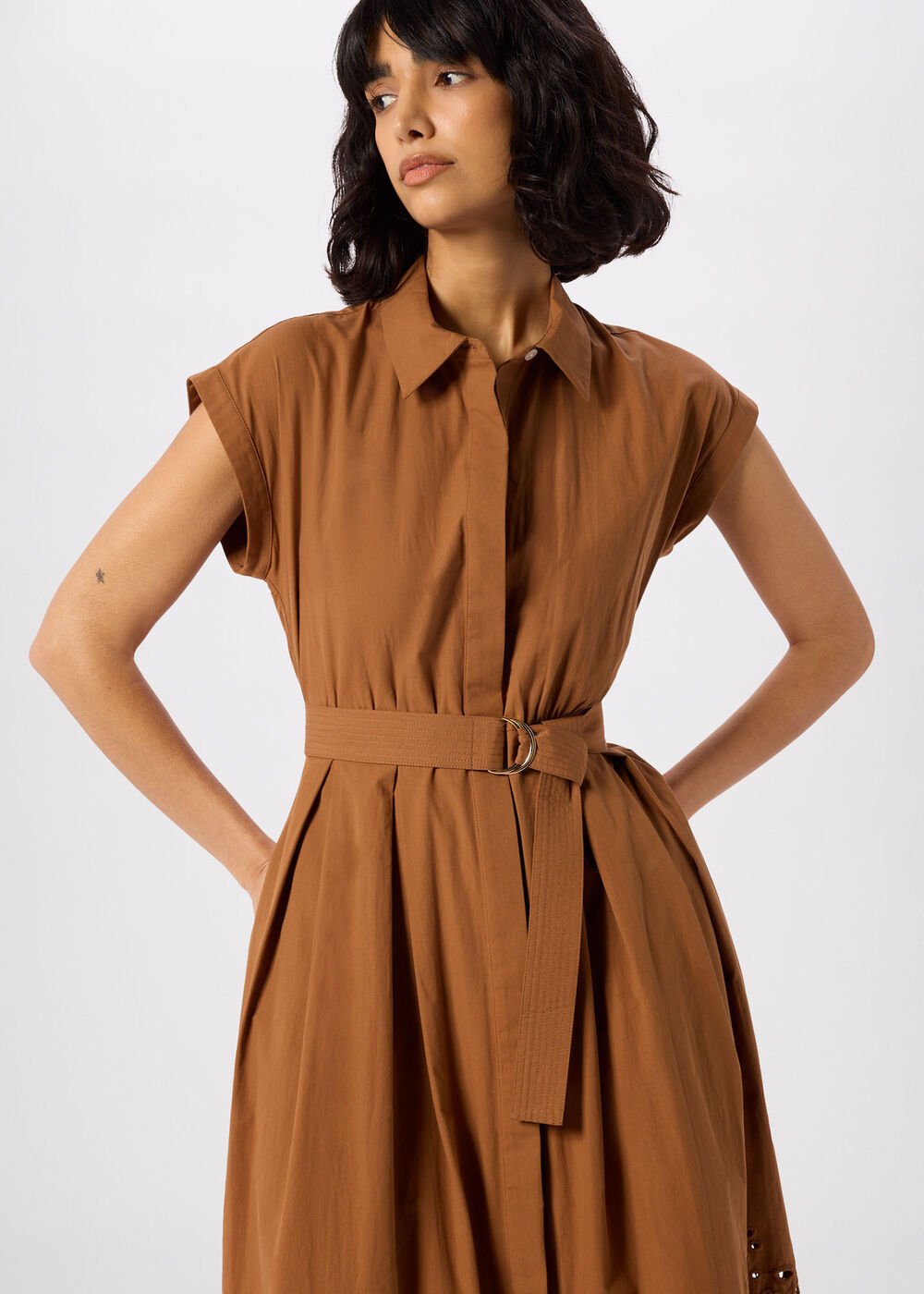 Camel Cotton Broderie Shirt Dress