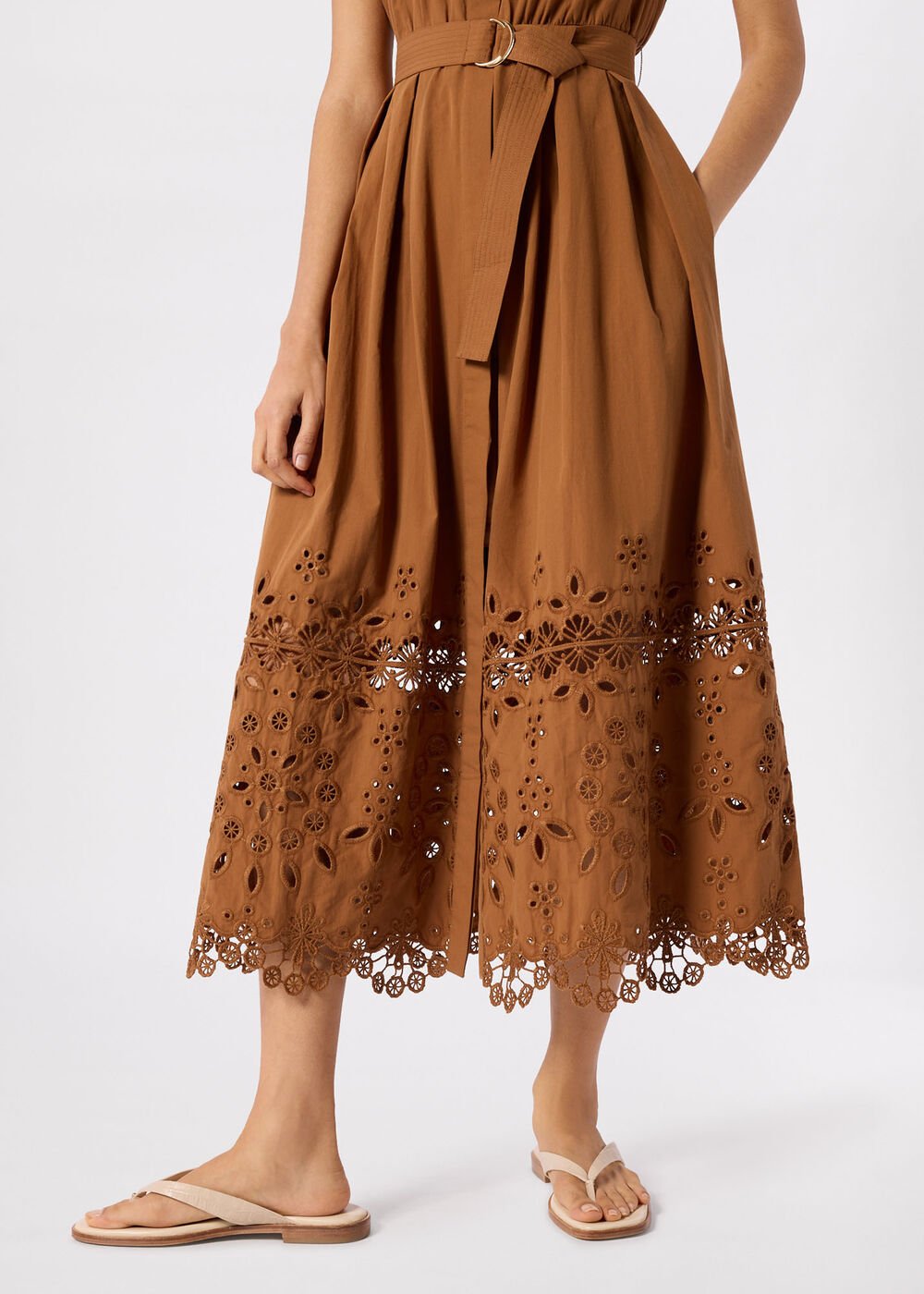 Camel Cotton Broderie Shirt Dress