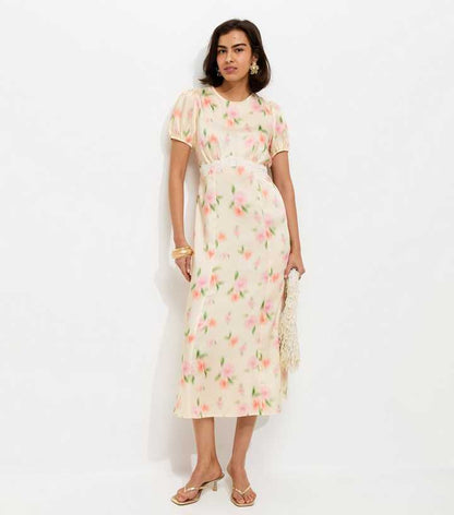 Cream Blurred Floral Print Midi Dress