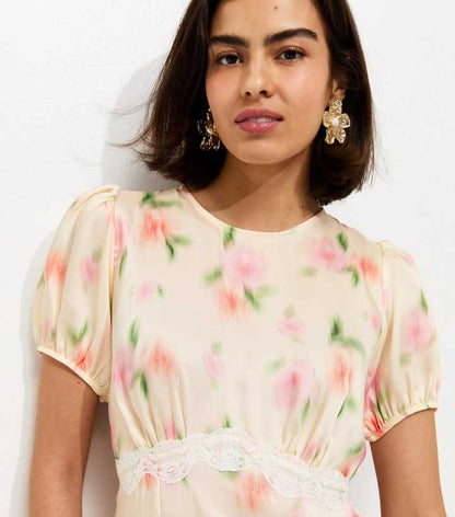 Cream Blurred Floral Print Midi Dress