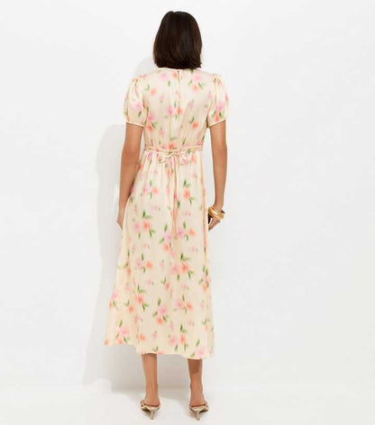 Cream Blurred Floral Print Midi Dress