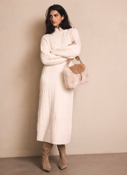 Cream Bobble Detail Knitted Midi Dress