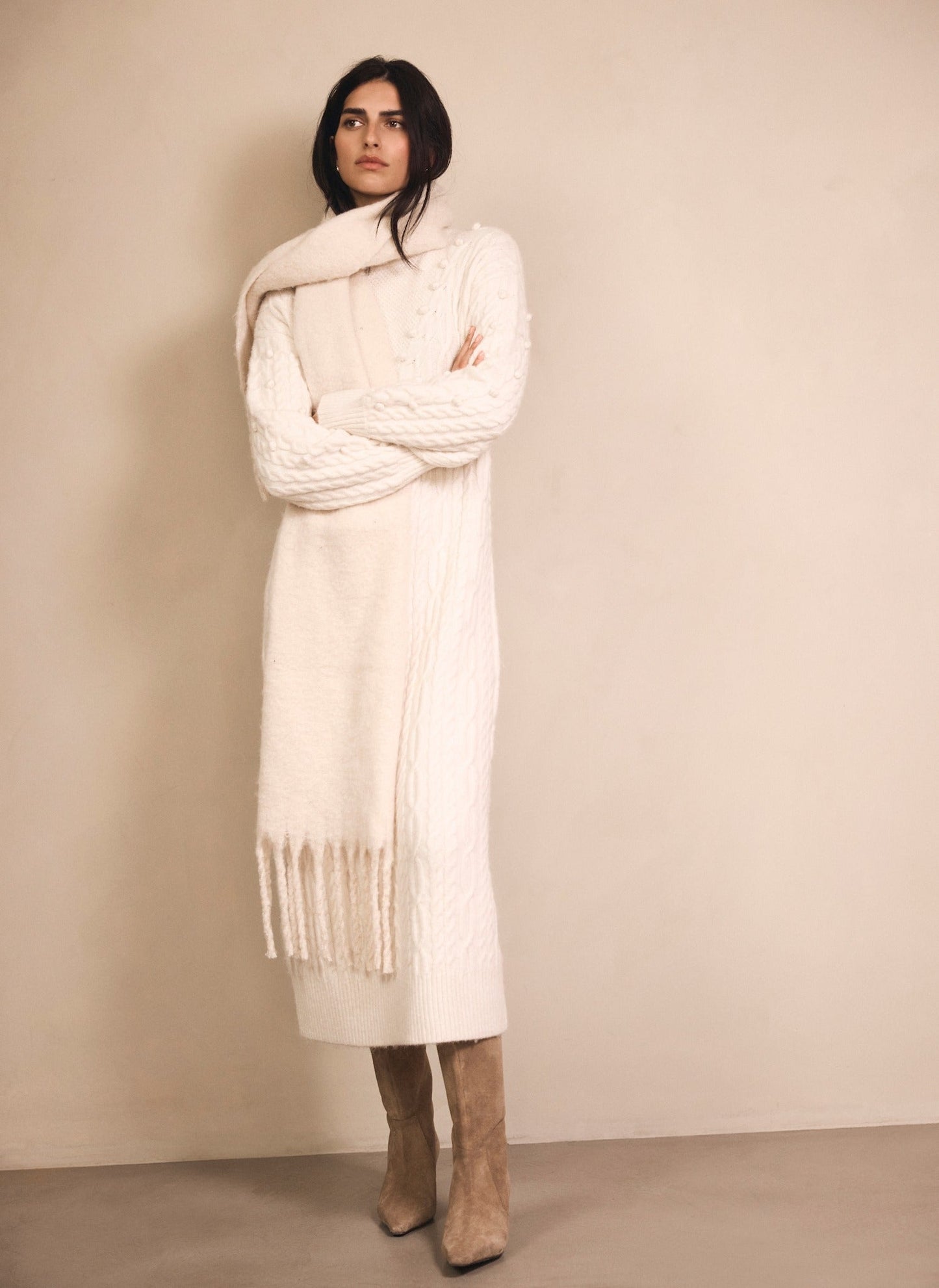 Cream Bobble Detail Knitted Midi Dress