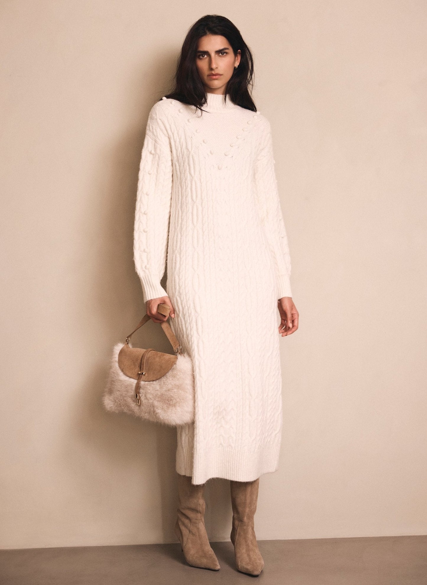 Cream Bobble Detail Knitted Midi Dress