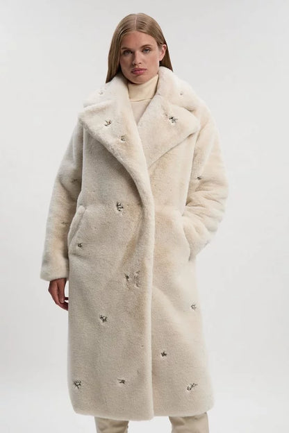 Crystal Embellished Faux Fur Long Coat