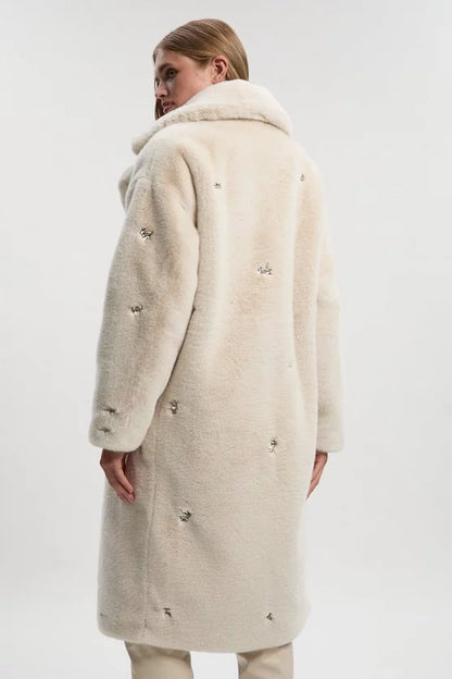 Crystal Embellished Faux Fur Long Coat