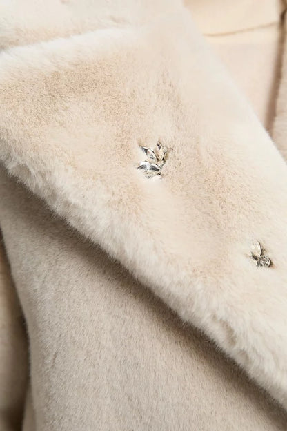 Crystal Embellished Faux Fur Long Coat