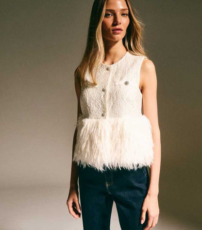 Cream Faux Fur Hem Sleeveless Waistcoat Top